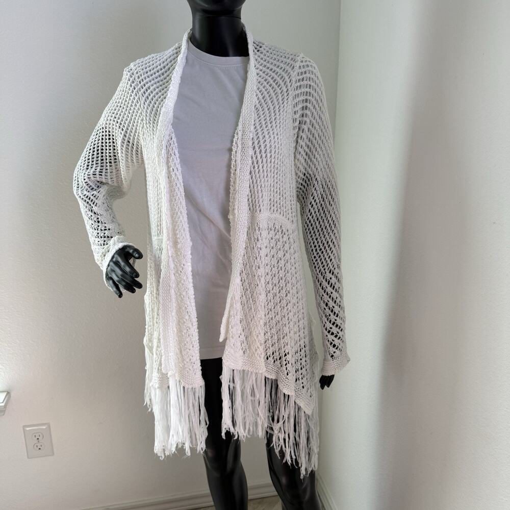 Denim24/7 Open Stitch Fringe Cardigan Sweater White Medium M 14/16 Boho Knit